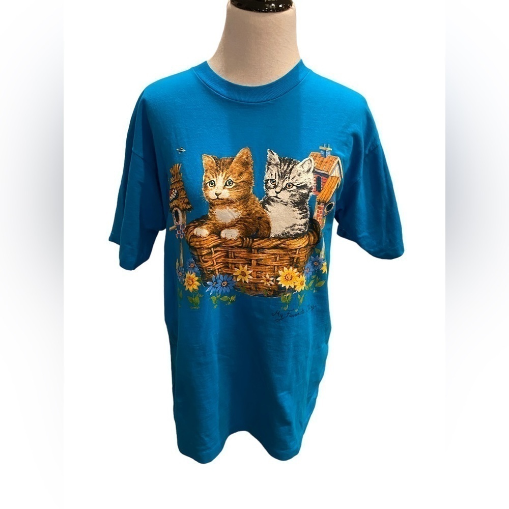 Tompkins Avenue Kitten Cat Butterfly Flowers Single Stitch 90s Shirt Adult Large